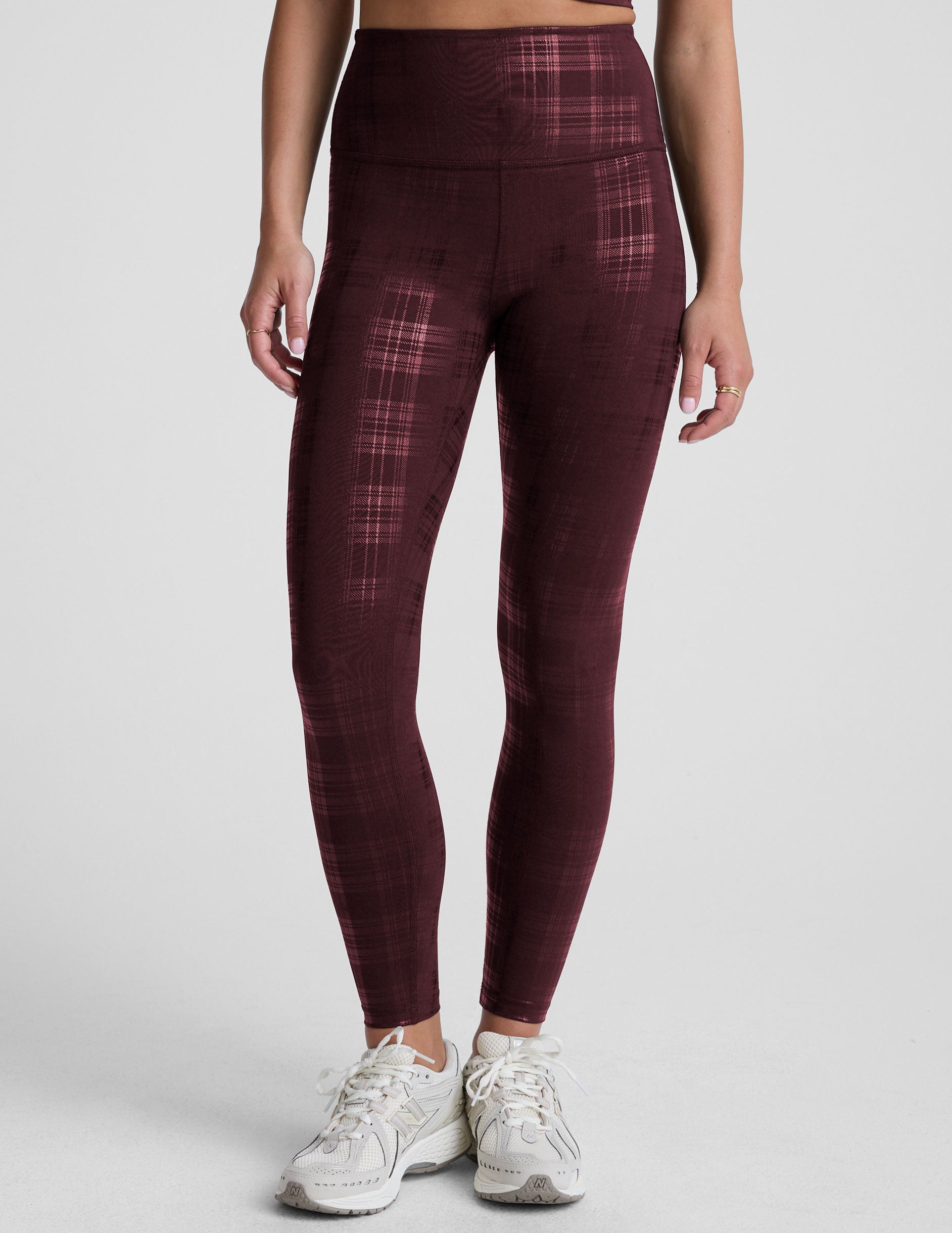 Plaid Foil Burgundy High Waisted Midi Legging - Image 2